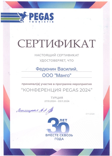 Сертификат о участии в конференции PEGAS-2024
